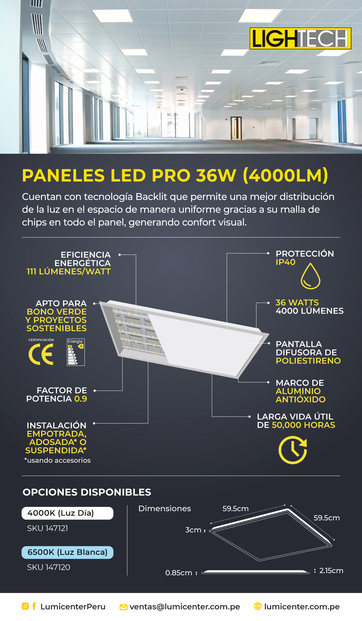 PROMELSA: Panel LED 36W/840 4320Lm 300x1200mm para empotrar